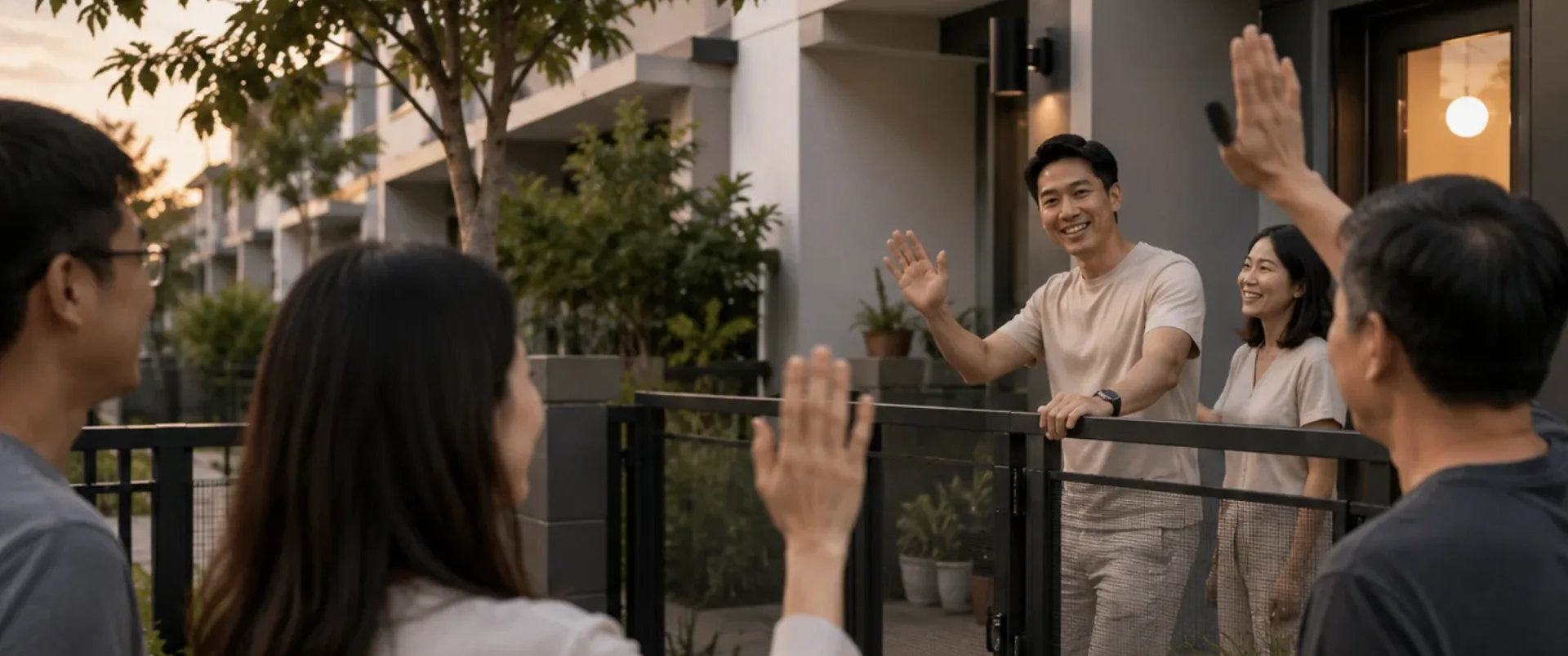 Neighbours greeting each other outside a home for Tangerine group-buy programme