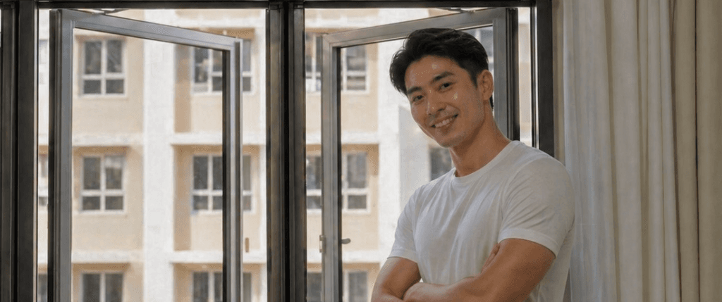 Smiling Tangerine representative standing in front of installed window insect mesh