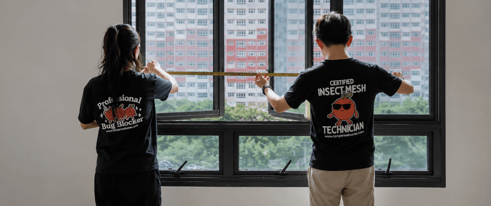Tangerine Home Living team measuring a window for insect mesh installation